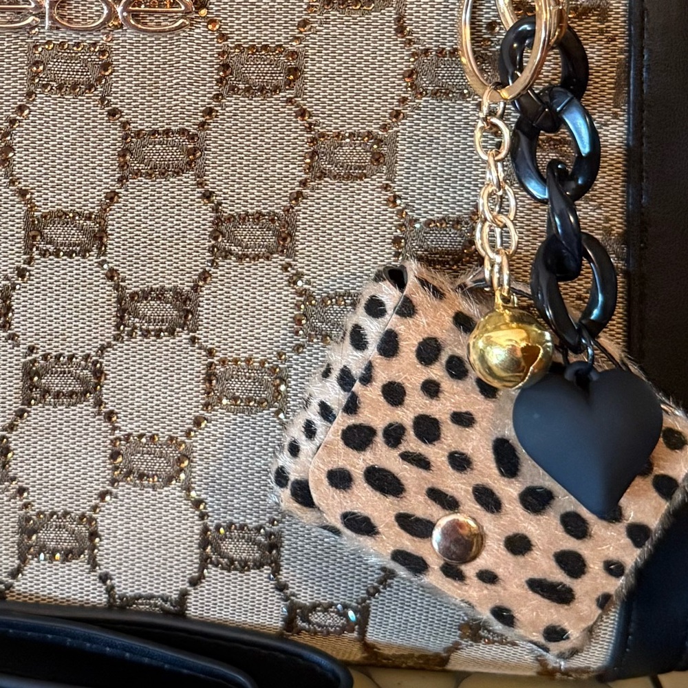 Bebe NWT Black Brown Rhinestone Studs Shoulder Satchel Bag & Leopard Bag Charm - Picture 3 of 12